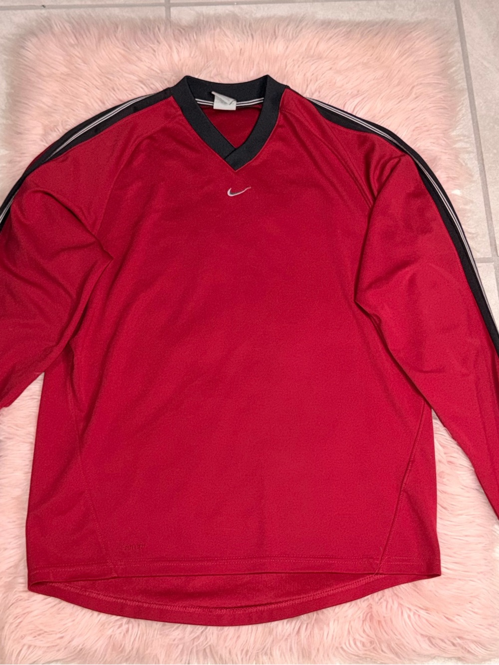 Nike Men's Red Long-Sleeve V-Neck Athletic Jersey with Black Trim